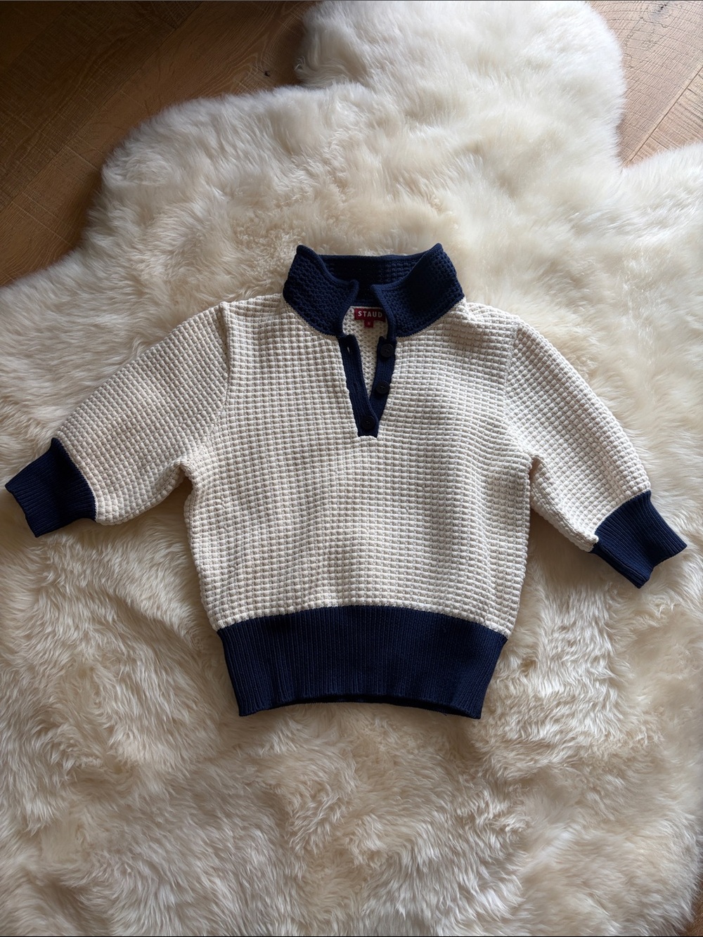 STAUD Women Waffle Polo Sweater in Cream with Navy Trim